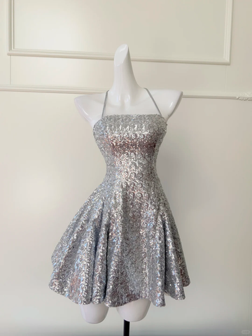 Shiny A Line Spaghetti Strap Silver Sequin Short Open Back Homecoming Dress Cocktail Dress HZ1023